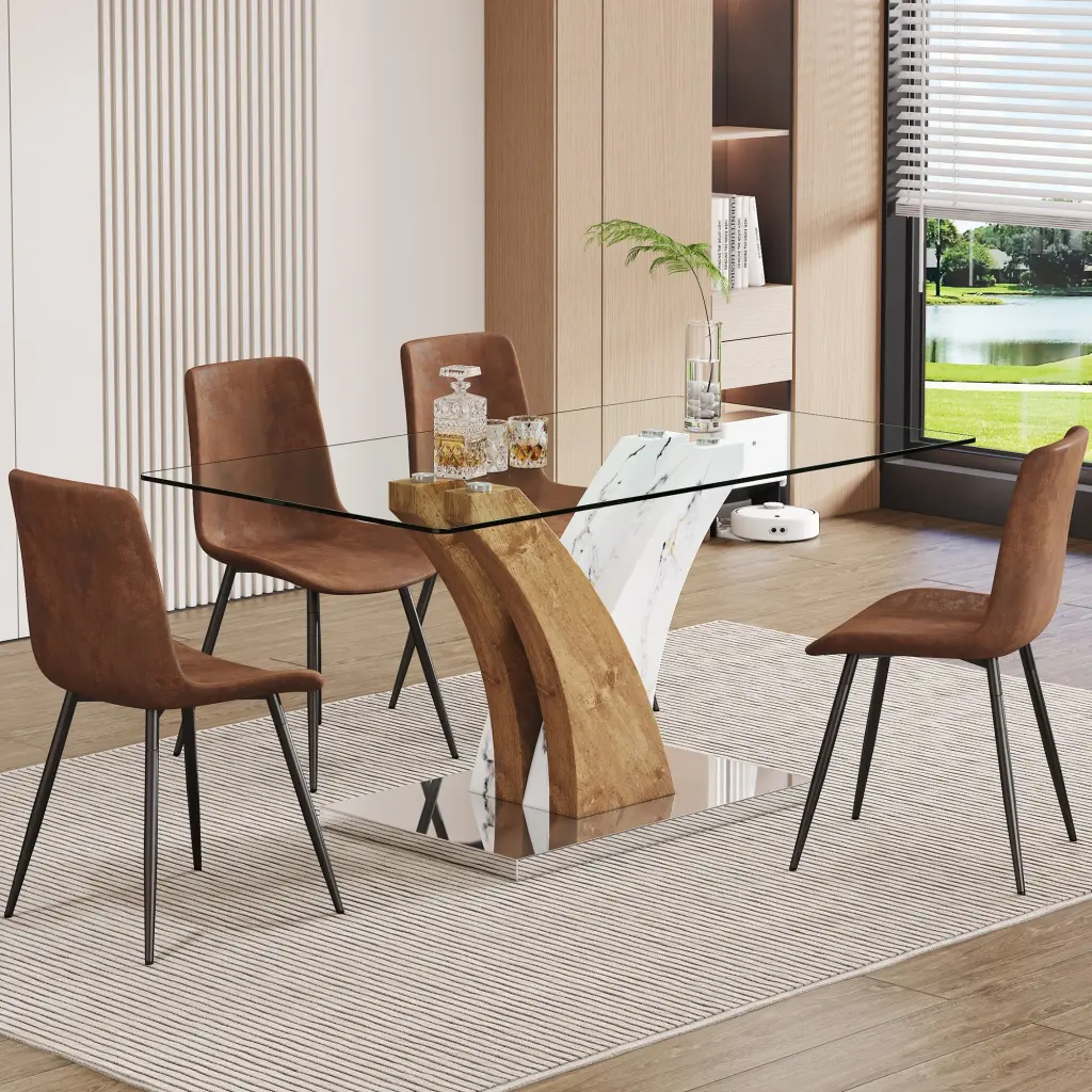 Modern Dining Table and Chair Set Tempered Glass Countertop droom w-1151
