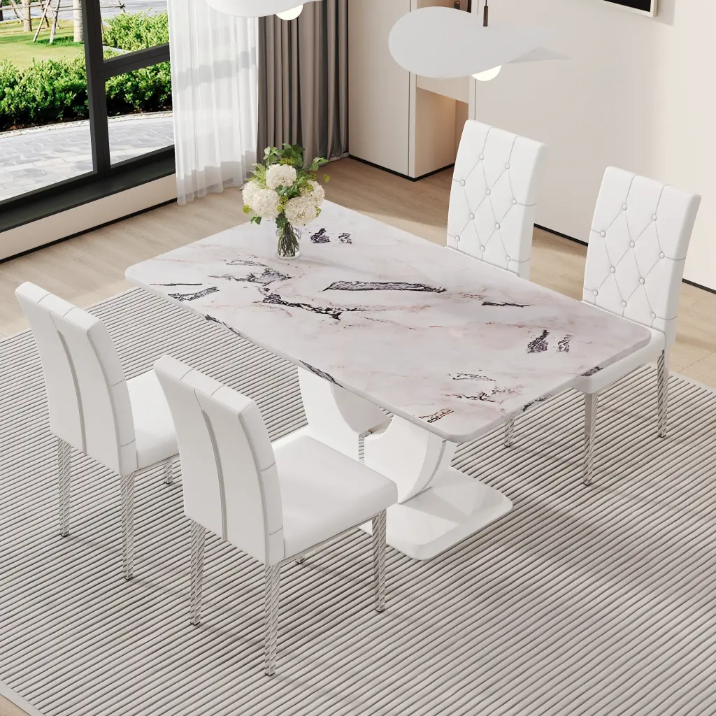 Modern Minimalist White Marble Textured Rectangular Table and Chair Set droom w-1151