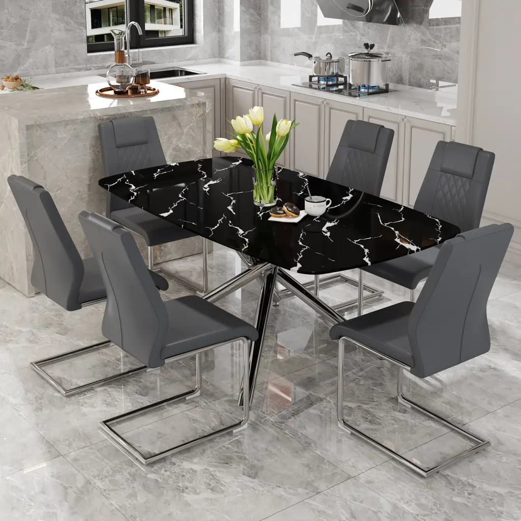 Modern Opulent Black Marble Table and Chair Set Dining Room Furniture droom w-1151