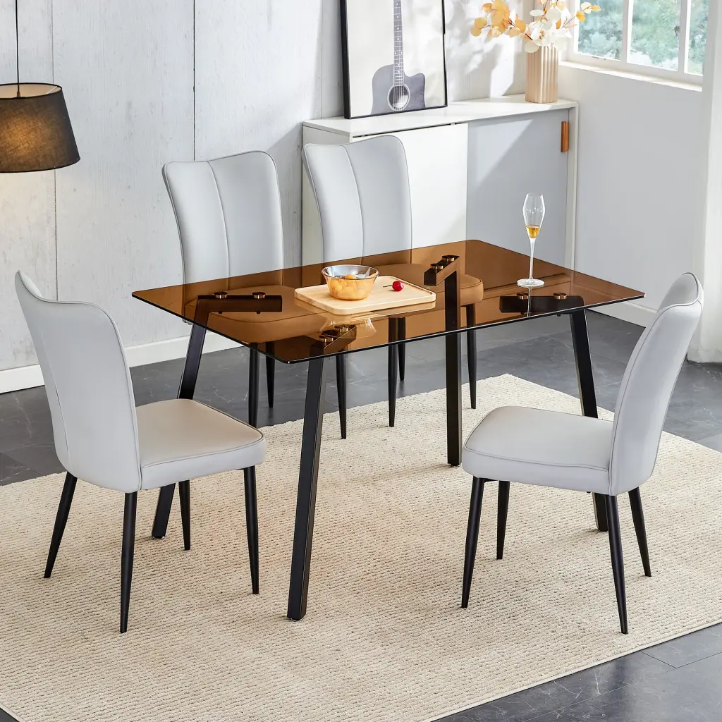 Rectangular Tea Brown Glass Dining Table 4 Light Gray PU Chairs Set droom w-1151