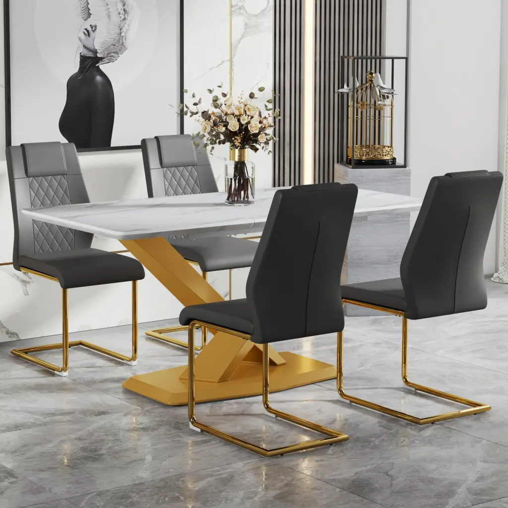 Table and Chair Set Marble Patterned MDF Top Modern Dining Furniture droom w-1151