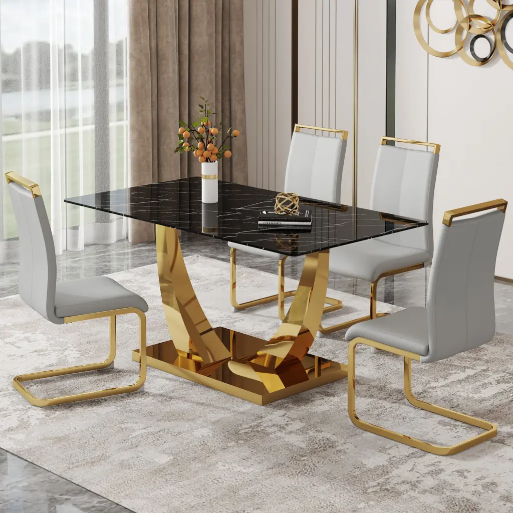 Table and Chair Set Modern Rectangular Dining Table Black Textured Finish droom w-1151