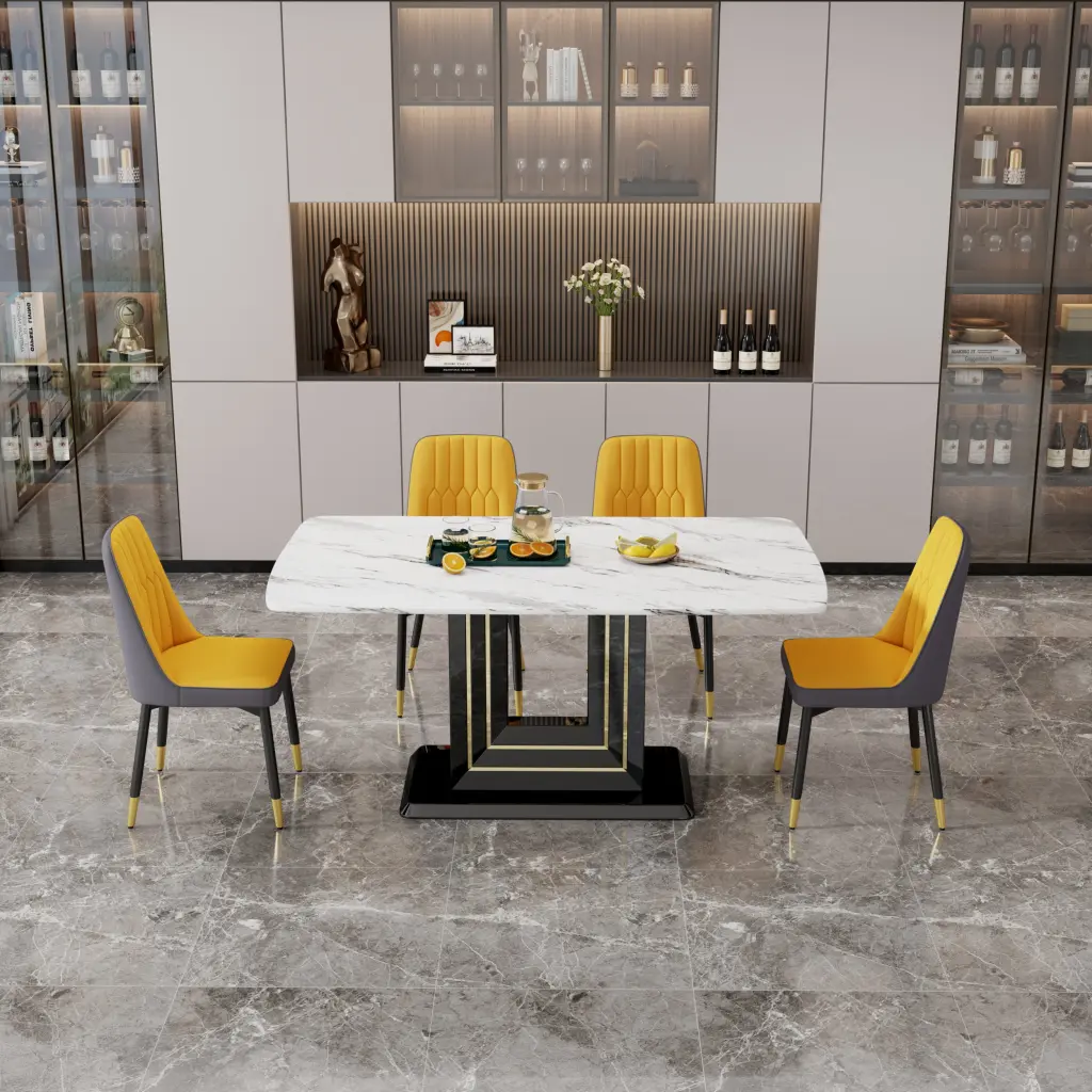 Table and Chair Set 1 Table 4 PU Chairs White Imitation Marble Pattern Dining Set droom w-1151