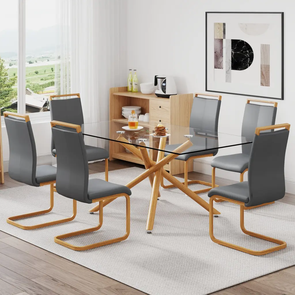 1 Table 6 Chairs Glass Dining Table 0.39 Tempered Glass Top droom w-1151