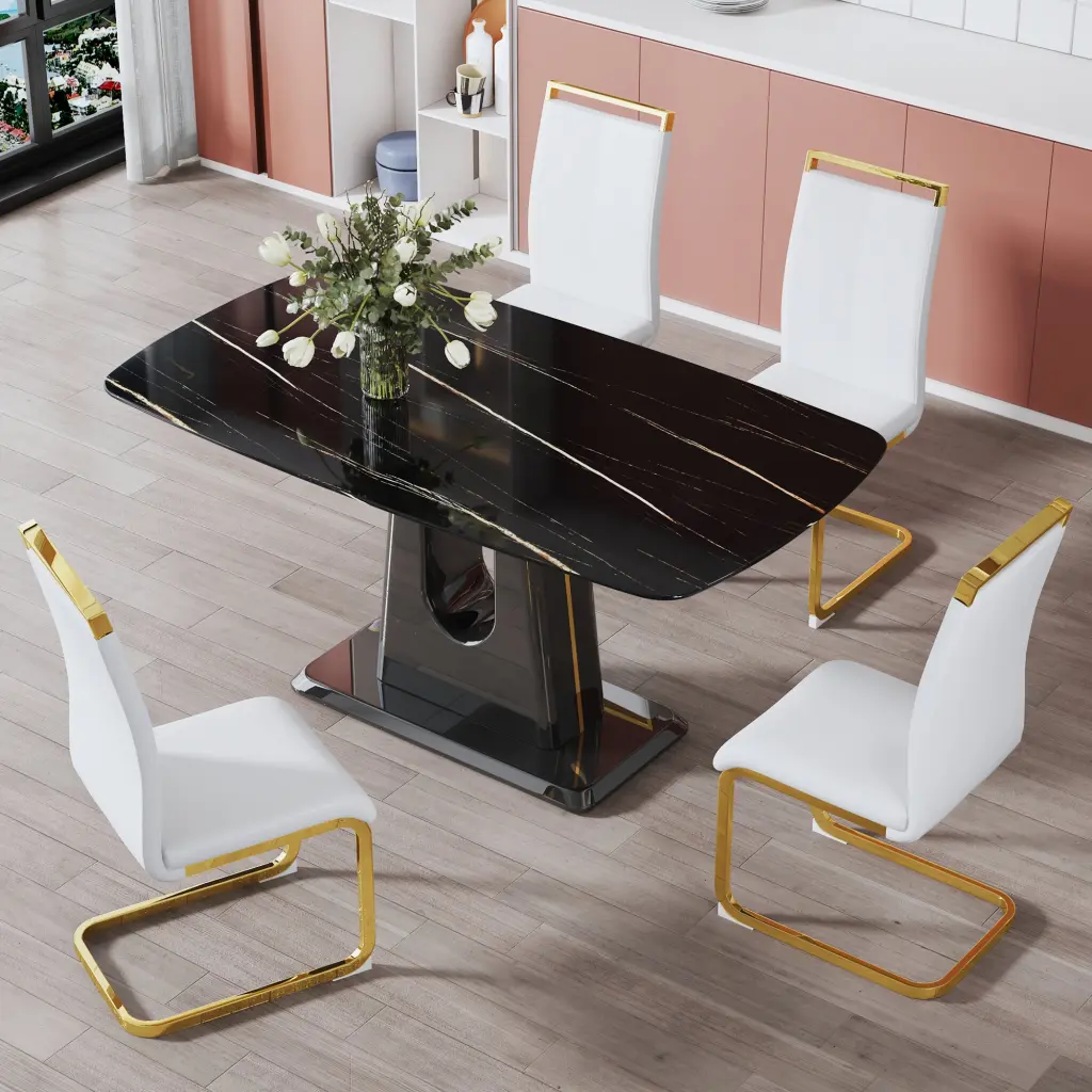 1 Table and 4 Chairs Modern Effortless Opulent Black Imitation Marble Dining Set droom w-1151
