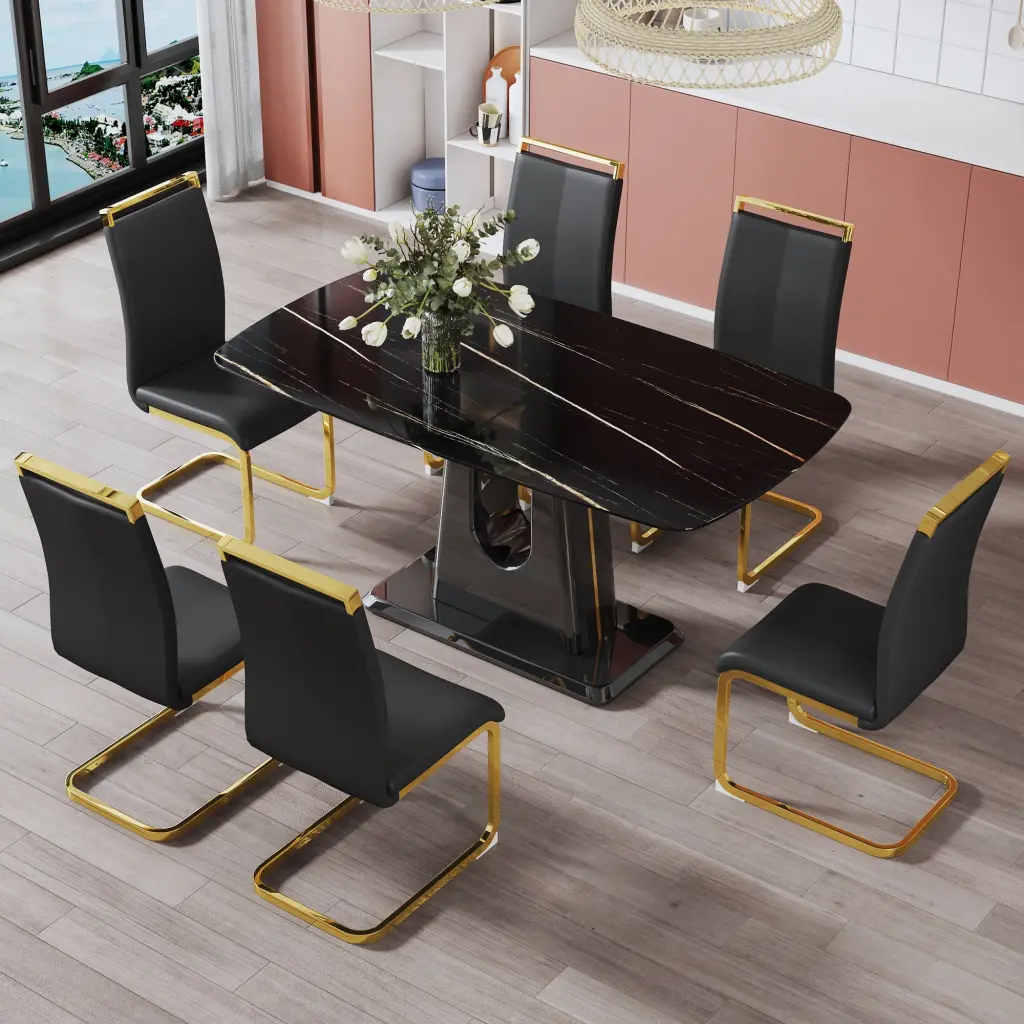 1 Table And 6 Chairs Modern Effortless Opulent Black Imitation Marble Dining Set droom w-1151