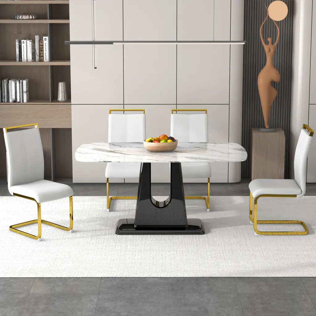 1 Table and 4 Chairs Modern Effortless Opulent White Imitation Marble Dining Set droom w-1151