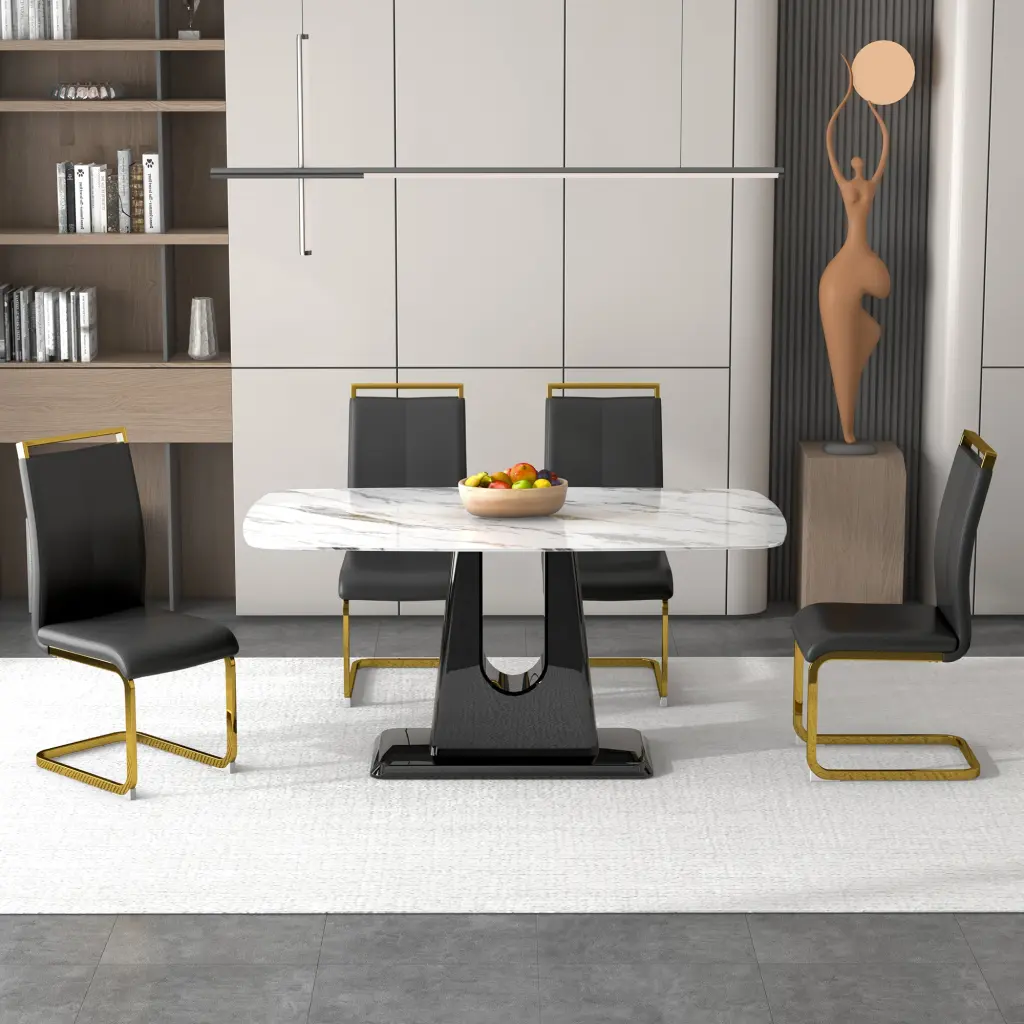 1 Table And 4 Chairs Modern Opulent White Imitation Marble Dining Set droom w-1151