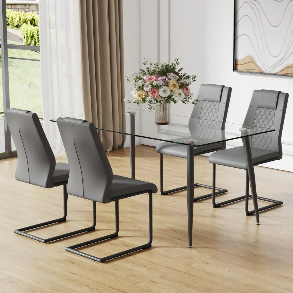 1 Table and 4 Chairs Set Rectangular Table Tempered Glass Top droom w-1151