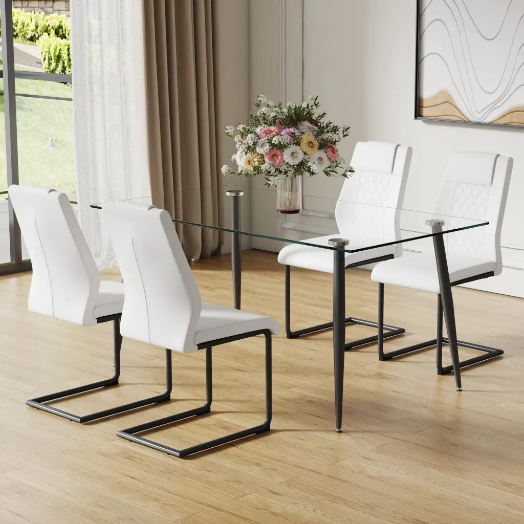 1 Table and 4 Chairs Set Rectangular Table Transparent Tempered Glass Top droom w-1151