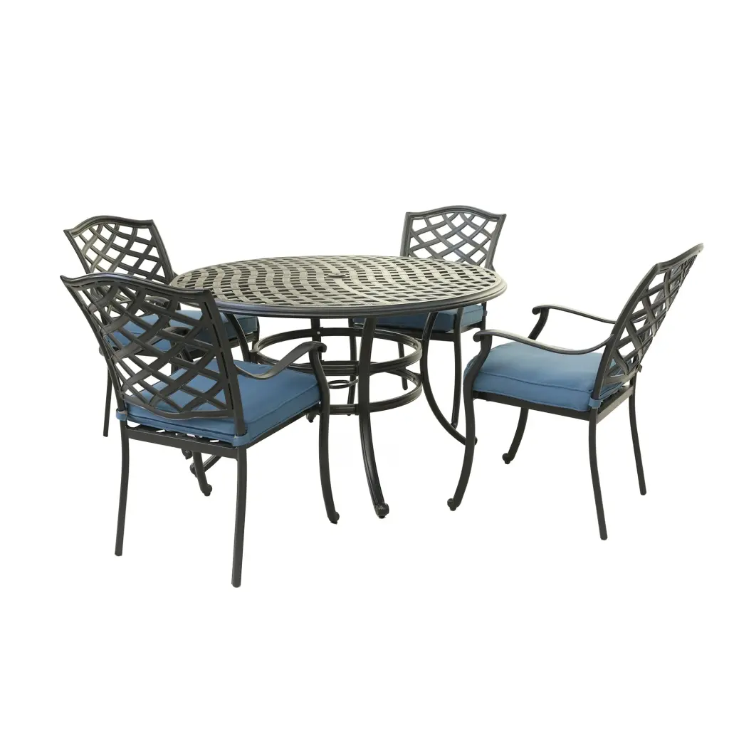 Aluminum 5 Piece Round Dining Set 4 Arm Chairs Sapphire Blue Outdoor Patio Furniture gathercraft