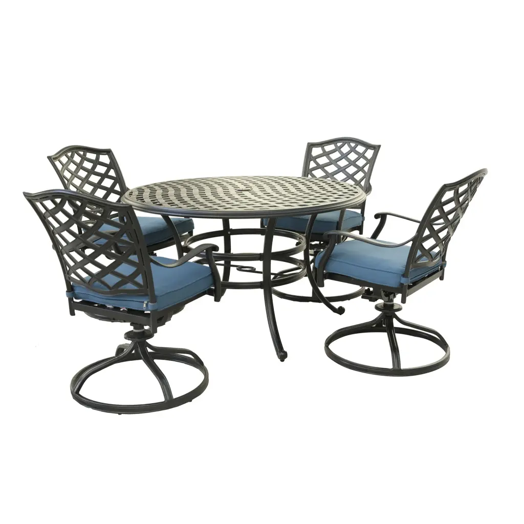 Aluminum 5 Piece Round Dining Set 4 Swivel Rockers Sapphire Blue gathercraft