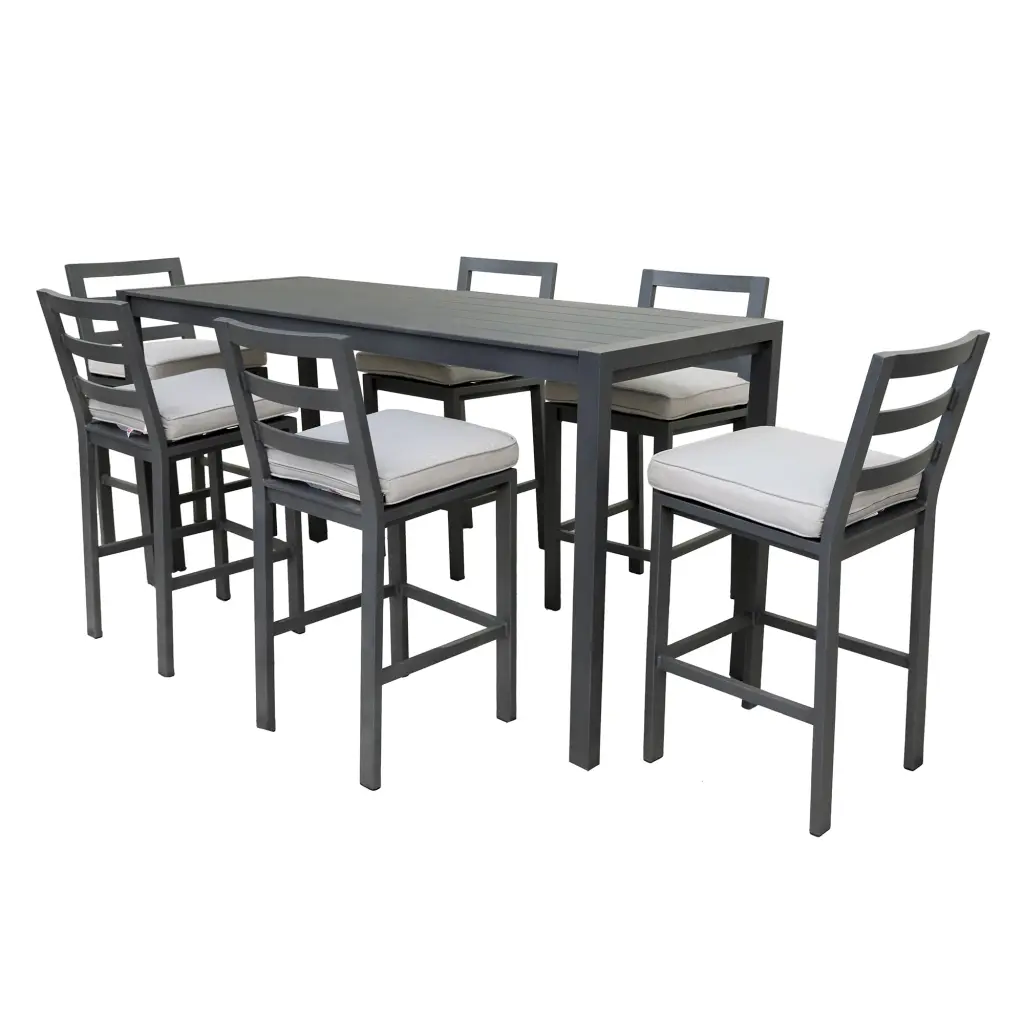 7 Piece Aluminum Outdoor Bar Set Pewter Patio Furniture Dining Set gathercraft