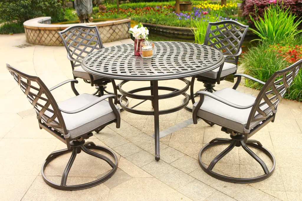 Round 4 Person 49 Inch Long Aluminum Dining Set Sunbrella Cushions Brown gathercraft