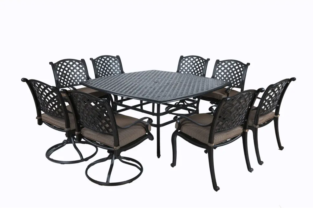 Square 8 Person 64 Inch Long Aluminum Dining Set Cushions Antique Bronze gathercraft