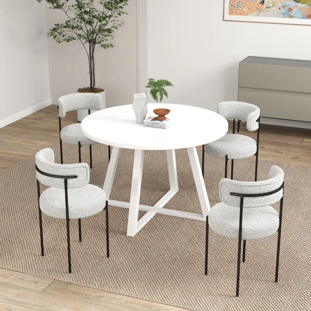 Durban 5 Piece Round Dining Set Trestle Table 4 Boucle Chairs hz