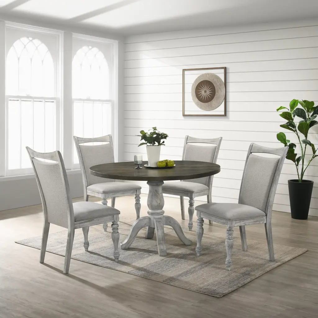 Iris 5 Piece Dining Set Round Pedestal Table 4 Weathered Chairs hz