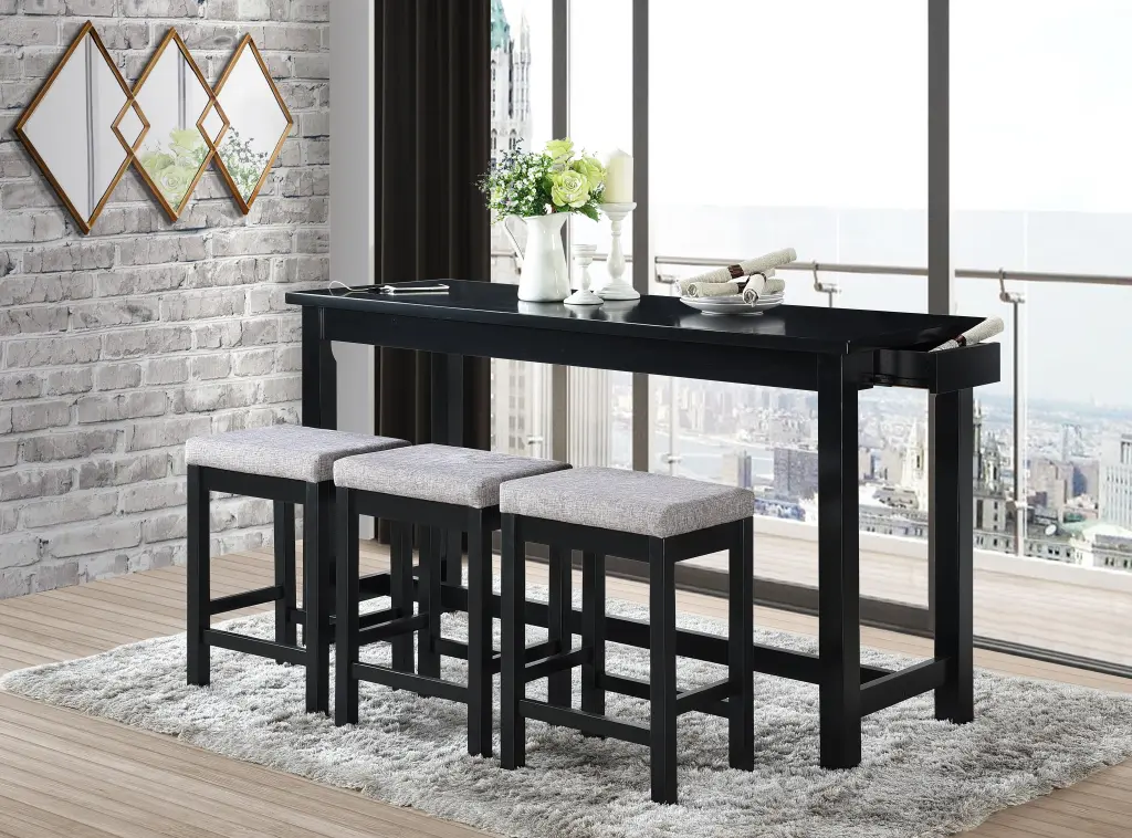 4Pc Counter Height Dining Set Black Finish Table Drawers And Stools kanepe