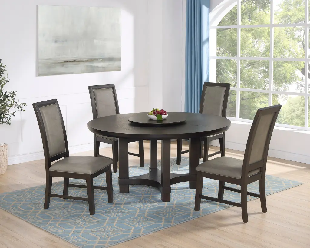 5Pc Transitional Round Table Lazy Susan PU Upholstered Chairs Brown Dining Set kanepe