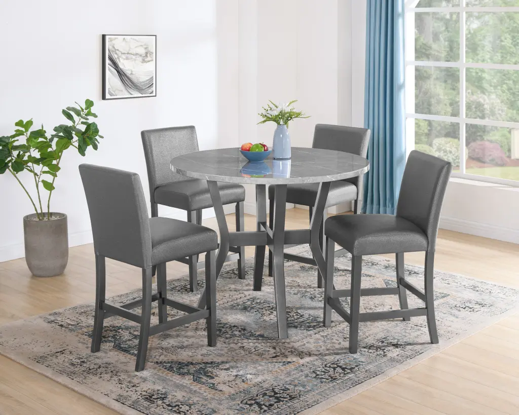 Beautiful 5 Piece Round Gray Stone Table Glitter Finish Upholstered Dining Set kanepe