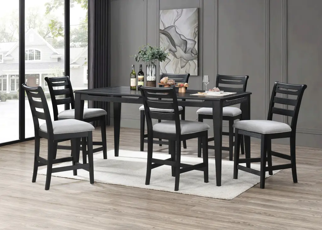 Black 7-Piece Counter Height Dining Set 6 Swivel High Chairs Upholstered kanepe