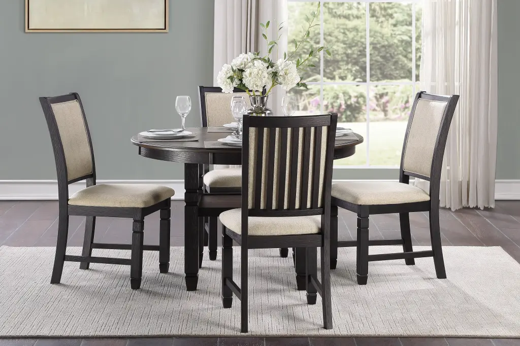Black Finish 5 Piece Dining Set Table Base Shelf And Fabric Upholstery kanepe