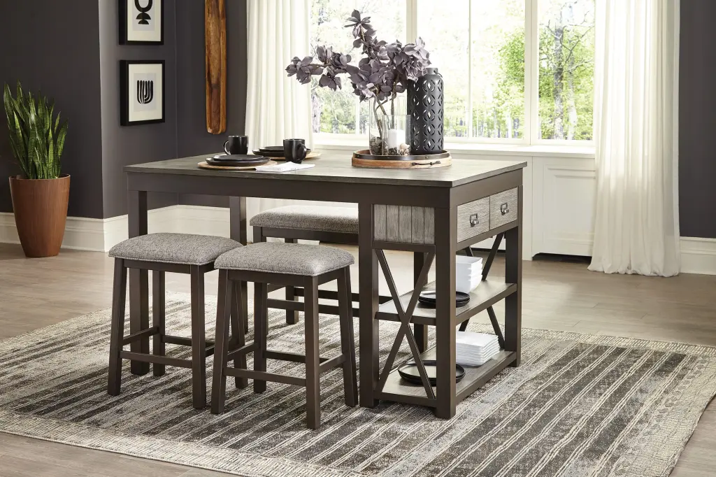 Casual Style Counter Height Dining 4Pc Set Gray Finish Table Bench kanepe