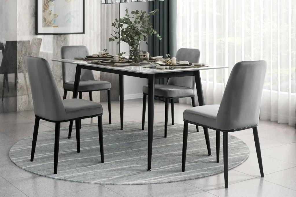 Contemporary Polished Design Dining Set 5Pc Dining Table And Gray Velvet Chairs Modern Furniture kanepe