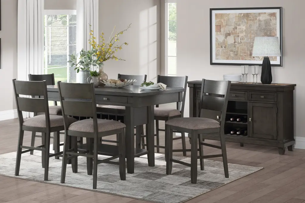 Counter Height 7 Piece Dining Set Gray Finish Dining Table 4 Drawers kanepe