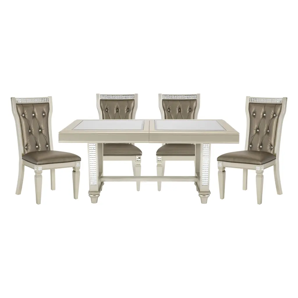 Glamorous Style Dining 5 Piece Set Champagne Finish Table and Glass Insert Leaf kanepe