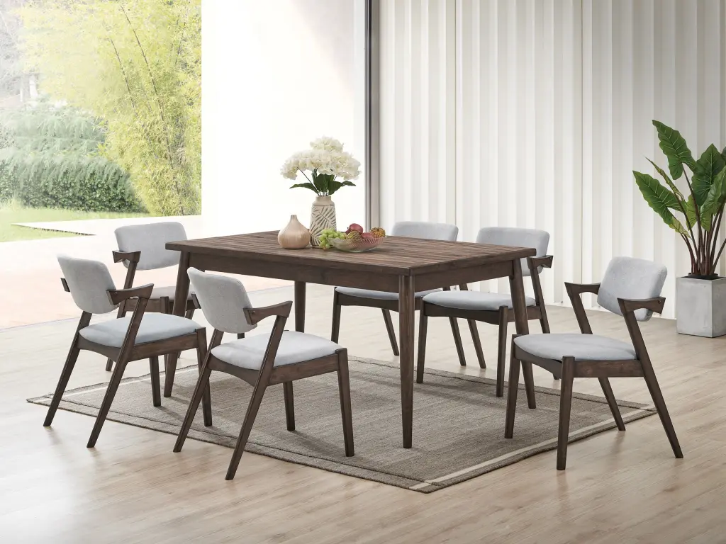 Modern 7Pc Dining Set Ash Walnut Finish Dining Table 6 Side Chairs kanepe