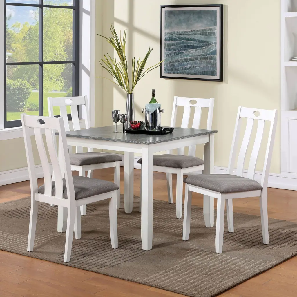 Modern White Solid Wood 5 Piece Dining Set Table 4 Gray Fabric Chairs kanepe