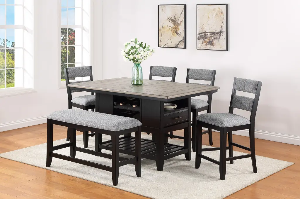 6 Piece Counter Height Dining Set Dark Finish Black Gray Brown Rectangle Table kanepe