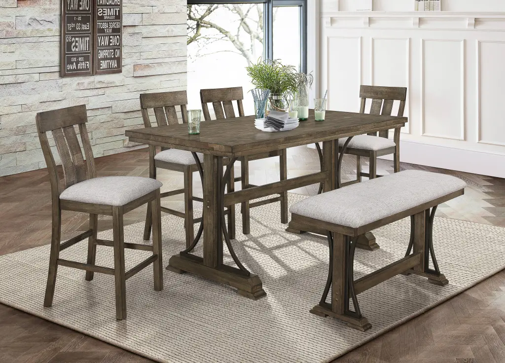 6 Piece Counter Height Dining Set Rustic Light Brown Trestle Base Table and Chairs kanepe