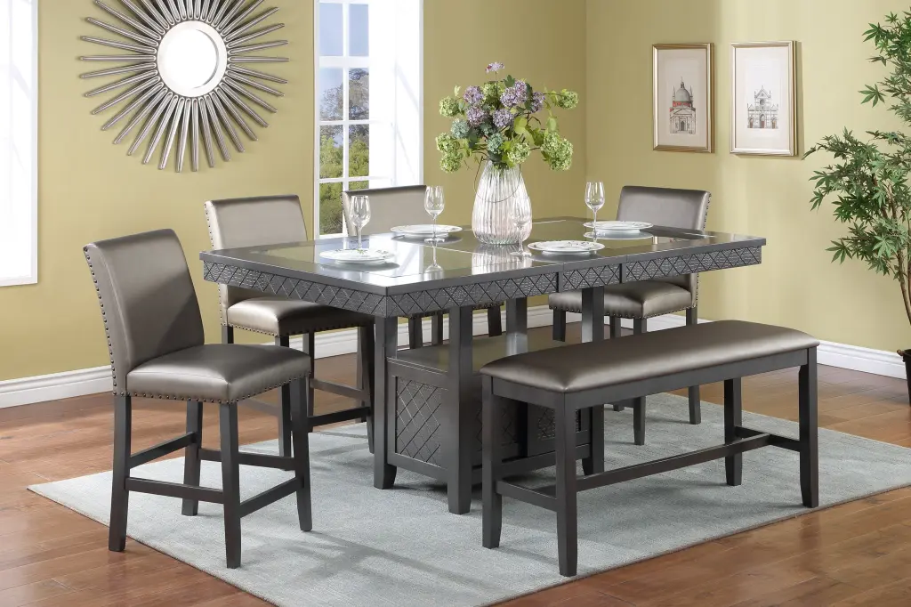 6 Piece Counter Height Dining Set Zinc Finish Storage Table Upholstered Bench kanepe