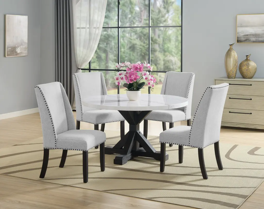 5 Piece Dining Set Contemporary Style White Authentic Marble Round Table Top kanepe
