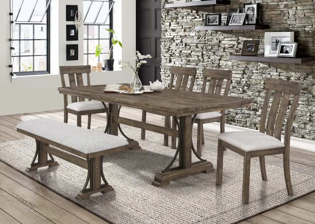 6 Piece Dining Set Rustic Light Brown Finish and Trestle Base kanepe