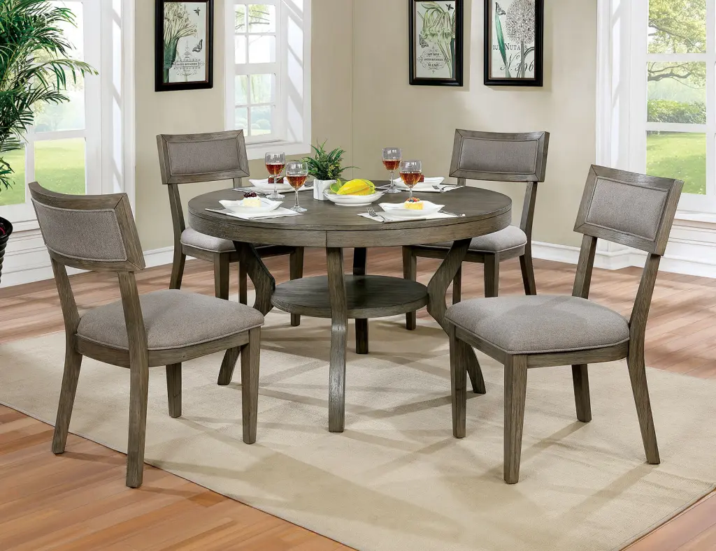 Rustic Grey Solid Wood 5 Piece Dining Set Round Table Shelf and 4 Chairs kanepe