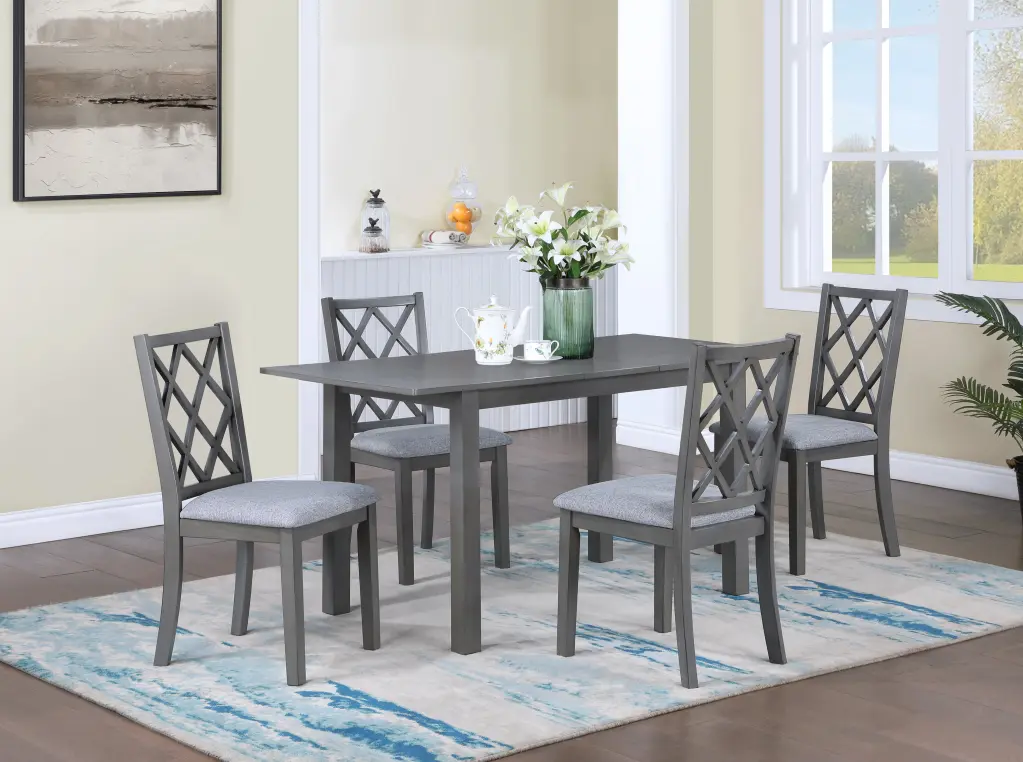 Carlisle 5 Piece 59.5" Gray Finish Extendable Wood Dining Set Upholstered Chairs lilola home