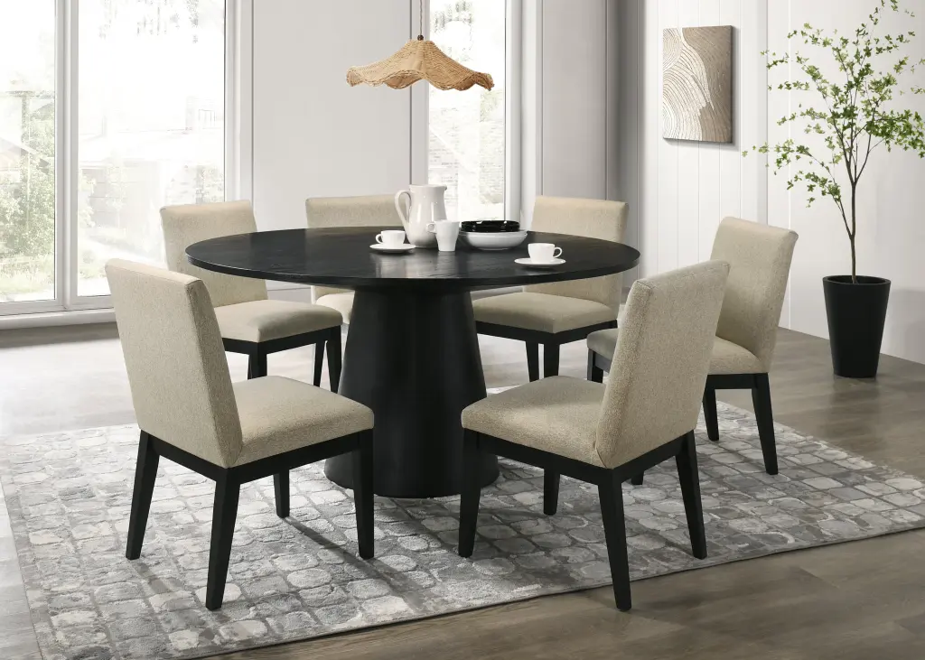 Jasper Ebony Black 7 Piece 59 Inch Round Dining Table Set Beige Fabric Chairs lilola home