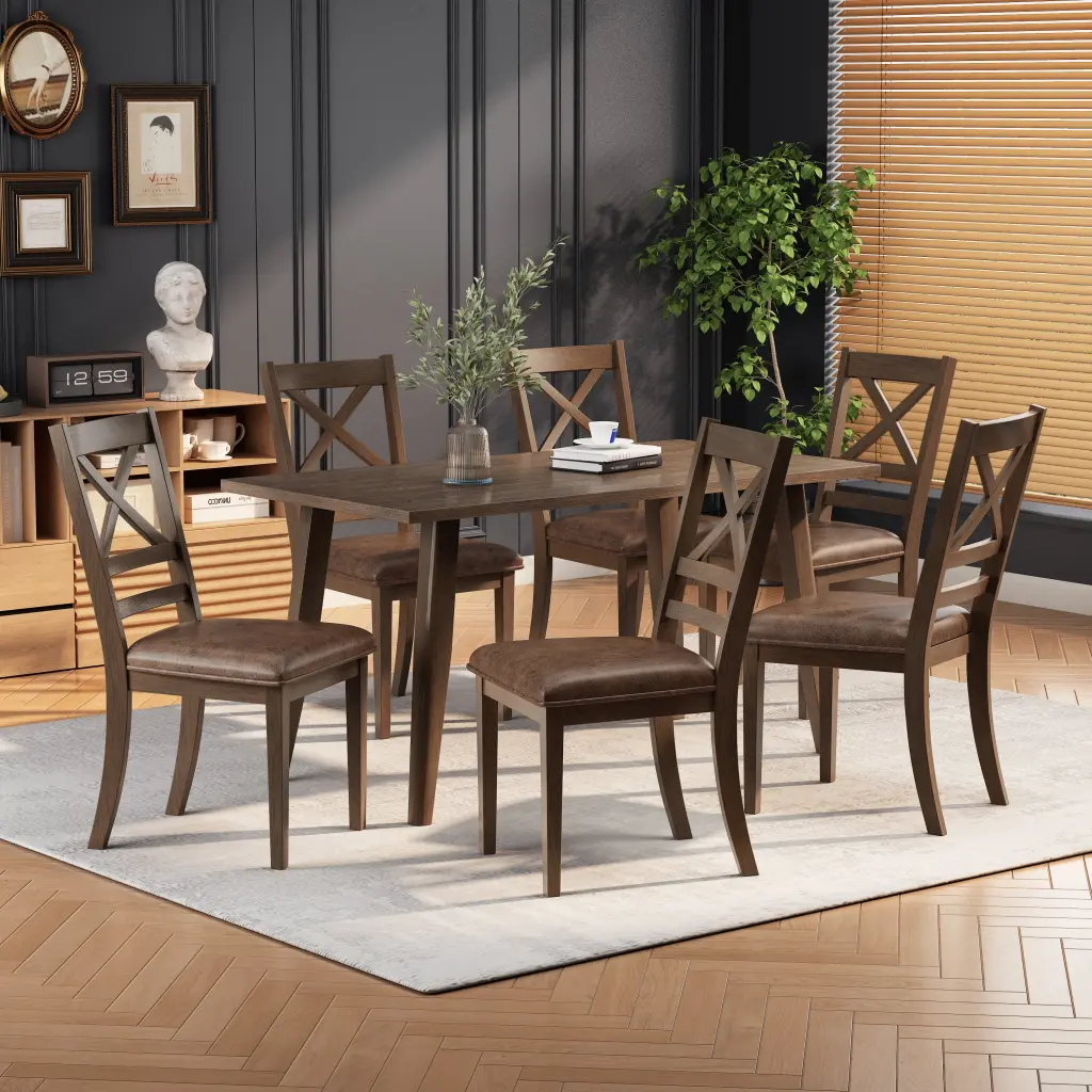 6-Piece Indoor Wood Dining Set Brown Table and Chairs Kitchen Furniture nh-uhome