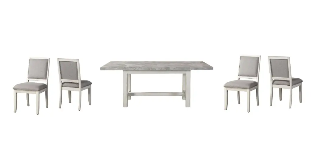 Canova 5 Piece Dining Set Gray Marble Top and Silver White Wood steve silver furniture