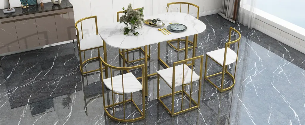 Modern 7 Piece Dining Table Set Faux Marble 55 Inch Kitchen topmax