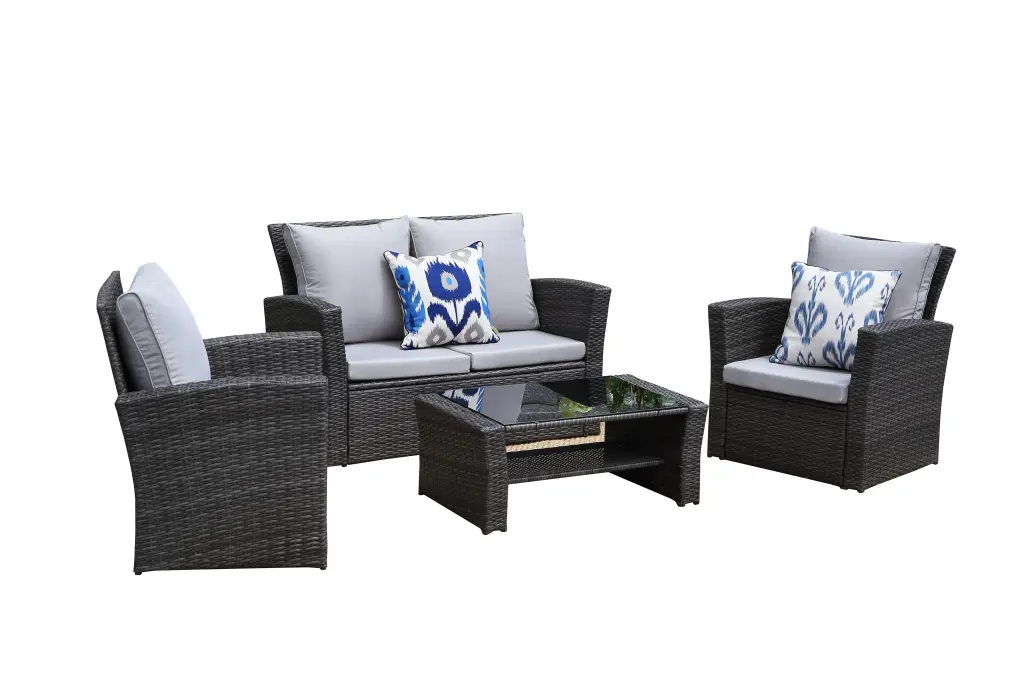 4 Piece PE Rattan Wicker Outdoor Patio Furniture Set Grey Cushions tradeber