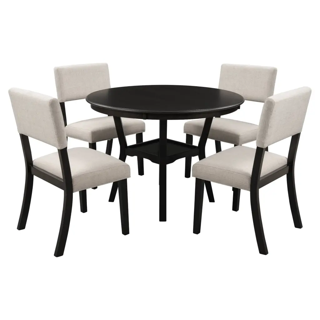 5 Piece Kitchen Dining Table Set Round Table Bottom Shelf 4 Upholstered Chairs trexm