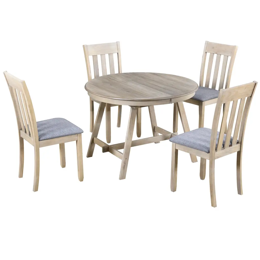 5 Piece Wood Dining Table Set Round Extendable Dining Table 4 Chairs trexm