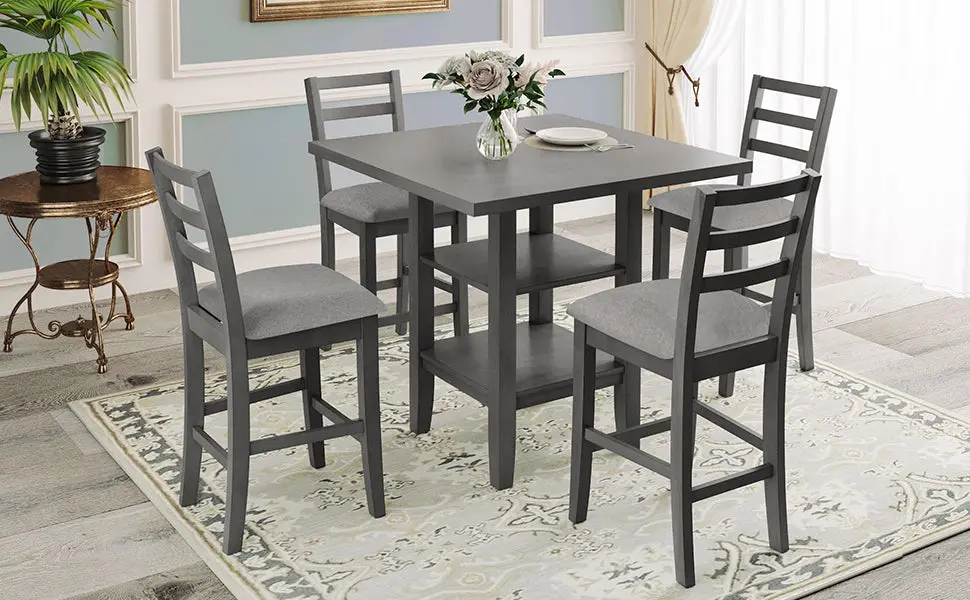 5 Piece Wooden Counter Height Dining Set Padded Chairs trexm