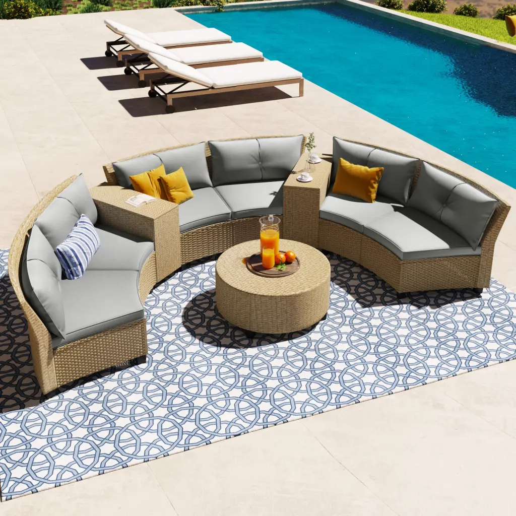 6 Person Rattan Patio Furniture Set Cushions and Table u_style