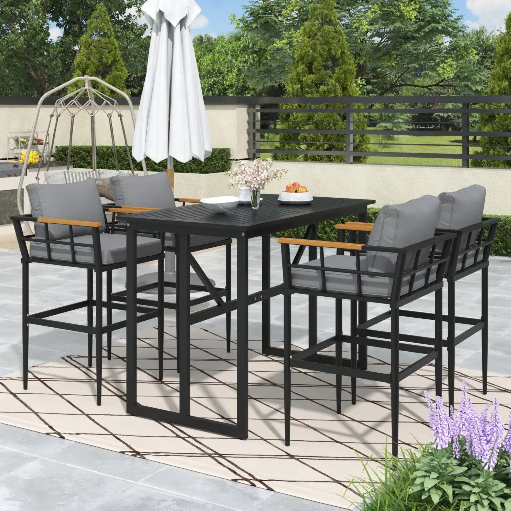Steel Outdoor Dining Set Acacia Wood Armrest Patio Furniture u_style