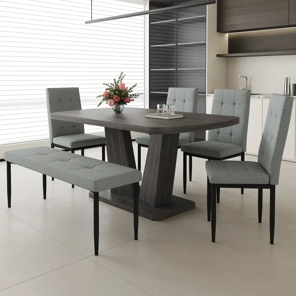 63 Inch Modern Style 6 Piece Dining Table Set 4 Chairs and 1 Bench a-q house